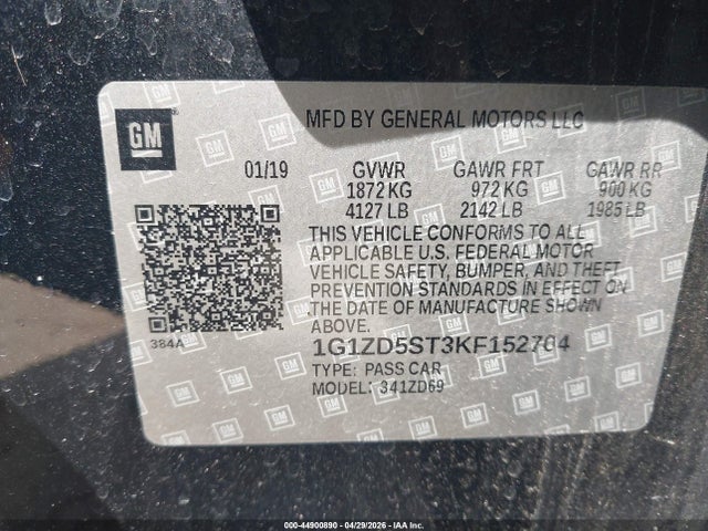 Продажа на аукционе авто 2019 Chevrolet Malibu Lt, vin: 1G1ZD5ST3KF152704, номер лота: 44900890