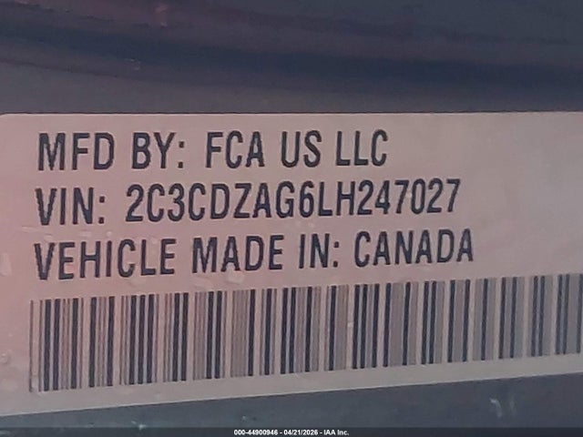 44900946 :رقم المزاد ، 2C3CDZAG6LH247027 vin ، 2020 Dodge Challenger Sxt مزاد بيع