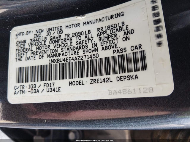 44900955 :رقم المزاد ، 1NXBU4EE4AZ271450 vin ، 2010 Toyota Corolla S مزاد بيع