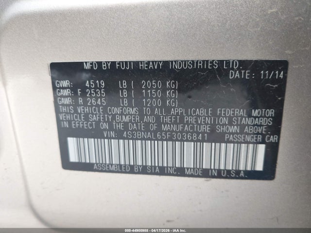 44900988 :رقم المزاد ، 4S3BNAL65F3036841 vin ، 2015 Subaru Legacy 2.5i Limited مزاد بيع