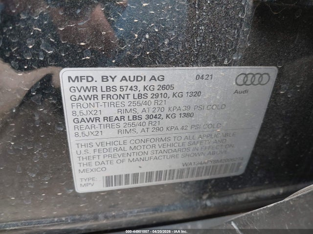 Продаж на аукціоні авто 2021 Audi Sq5 Sportback Prestige Tfsi Quattro Tiptronic, vin: WA134AFY8M2096274, номер лоту: 44901007