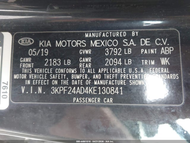 Aukcja sprzedaży 2019 Kia Forte Lxs, vin: 3KPF24AD4KE130841, numer aukcji: 44901016