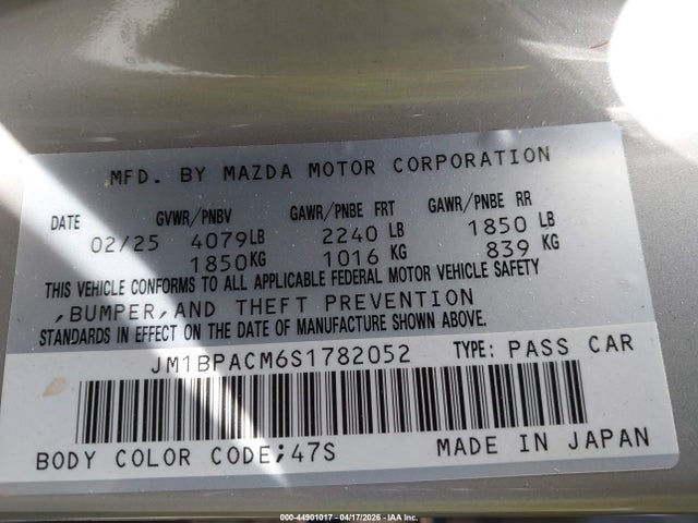 Продажа на аукционе авто 2025 Mazda Mazda3, vin: JM1BPACM6S1782052, номер лота: 44901017