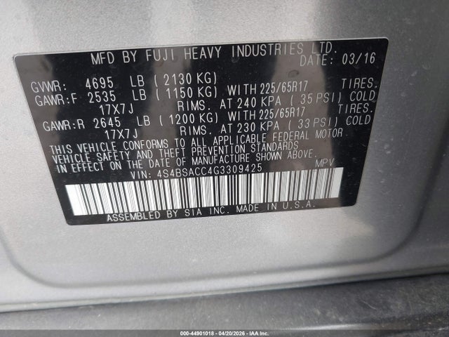 4S4BSACC4G3309425 Subaru Outback 2.5i Premium