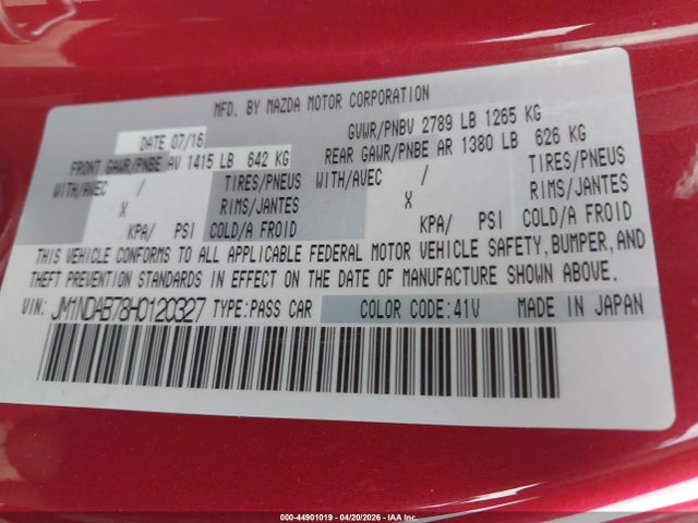 44901019 :رقم المزاد ، JM1NDAB78H0120327 vin ، 2017 Mazda Mx-5 Miata Sport مزاد بيع