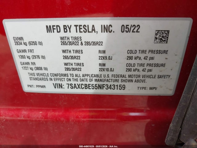 2022 Tesla Model X Dual Motor All-wheel Drive მანქანა იყიდება აუქციონზე, vin: 7SAXCBE55NF343159, აუქციონის ნომერი: 44901029