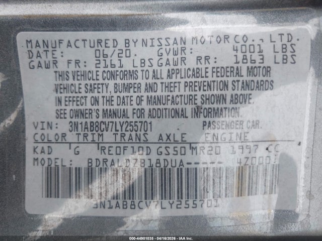 Aukcja sprzedaży 2020 Nissan Sentra Sv Xtronic Cvt, vin: 3N1AB8CV7LY255701, numer aukcji: 44901035