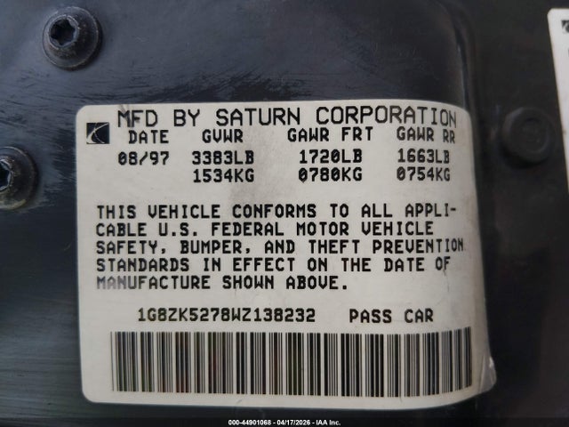 44901068 :رقم المزاد ، 1G8ZK5278WZ138232 vin ، 1998 Saturn Sl2 مزاد بيع
