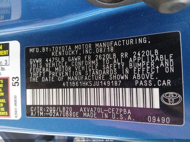 2018 Toyota Camry Xse მანქანა იყიდება აუქციონზე, vin: 4T1B61HK5JU149187, აუქციონის ნომერი: 44901070