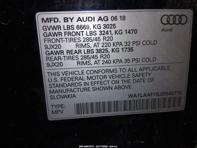 44901072 :رقم المزاد ، WA1LAAF70JD048770 vin ، 2018 Audi Q7 3.0t Premium مزاد بيع