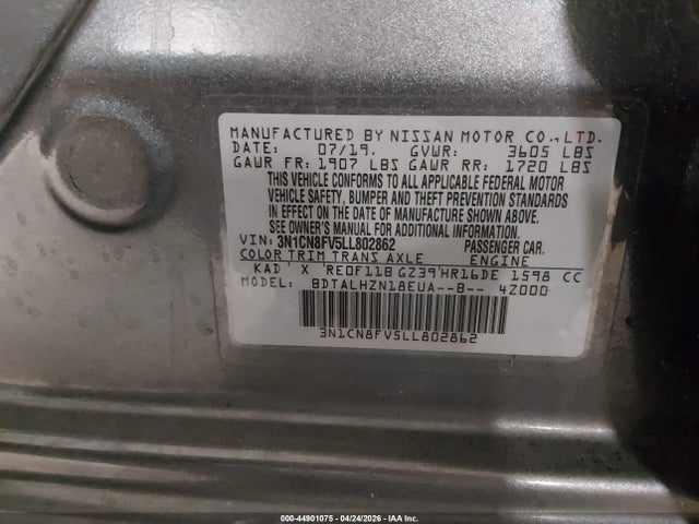 2020 Nissan Versa Sr Xtronic Cvt მანქანა იყიდება აუქციონზე, vin: 3N1CN8FV5LL802862, აუქციონის ნომერი: 44901075