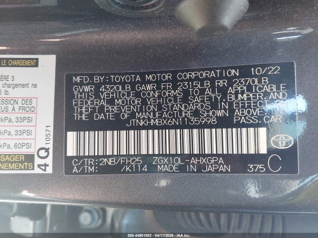 44901082 :رقم المزاد ، JTNKHMBX6N1135998 vin ، 2022 Toyota C-hr Nightshade Edition مزاد بيع