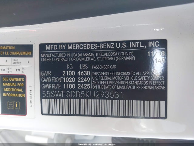 Aukcja sprzedaży 2019 Mercedes-benz C 300, vin: 55SWF8DB5KU293531, numer aukcji: 44901091