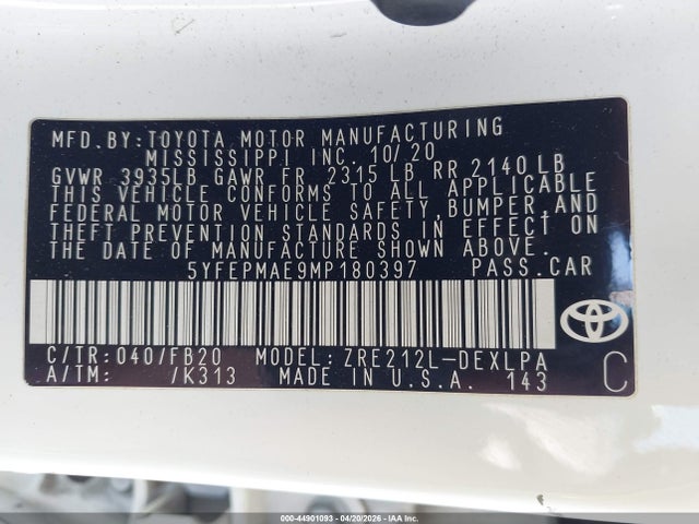 44901093 :رقم المزاد ، 5YFEPMAE9MP180397 vin ، 2021 Toyota Corolla Le مزاد بيع