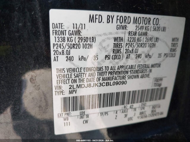 Продаж на аукціоні авто 2012 Lincoln Mkx, vin: 2LMDJ8JK3CBL09090, номер лоту: 44901103
