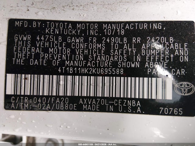 2019 Toyota Camry Le მანქანა იყიდება აუქციონზე, vin: 4T1B11HK2KU695588, აუქციონის ნომერი: 44901109