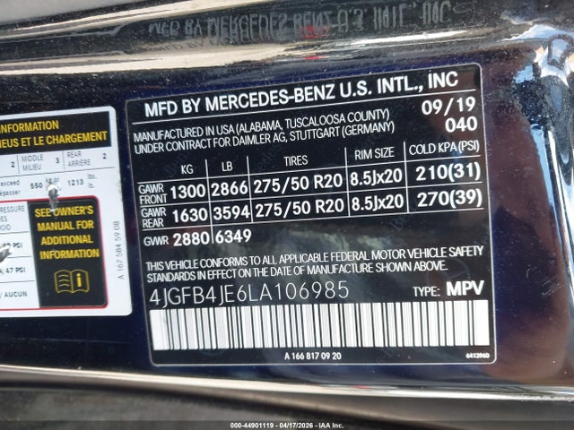 Aukcja sprzedaży 2020 Mercedes-benz Gle 350, vin: 4JGFB4JE6LA106985, numer aukcji: 44901119