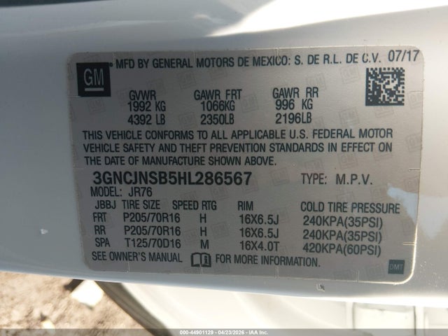 2017 Chevrolet Trax Ls მანქანა იყიდება აუქციონზე, vin: 3GNCJNSB5HL286567, აუქციონის ნომერი: 44901129