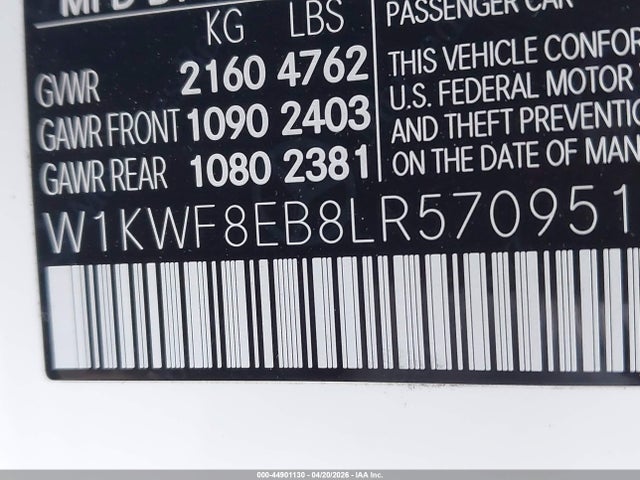 Продаж на аукціоні авто 2020 Mercedes-benz C 300 4matic, vin: W1KWF8EB8LR570951, номер лоту: 44901130