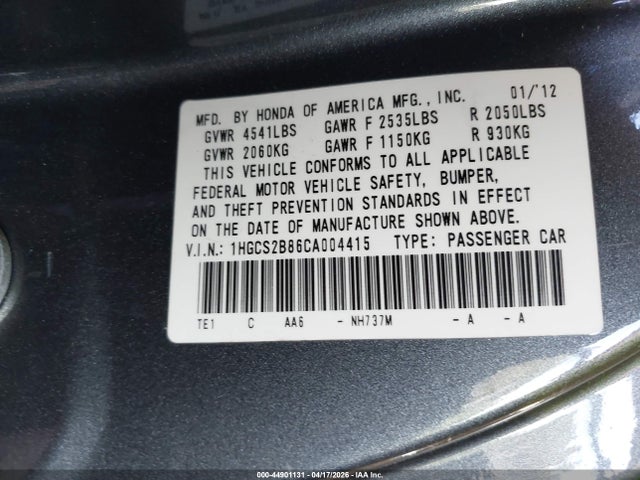 Продаж на аукціоні авто 2012 Honda Accord 3.5 Ex-l, vin: 1HGCS2B86CA004415, номер лоту: 44901131