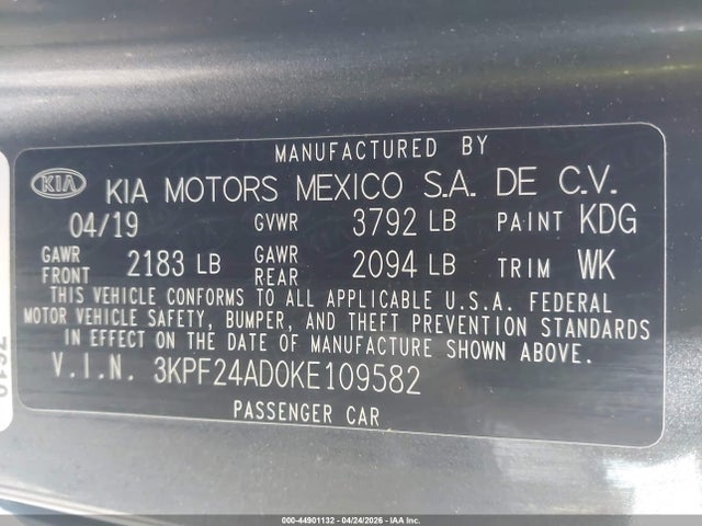 2019 Kia Forte Lxs მანქანა იყიდება აუქციონზე, vin: 3KPF24AD0KE109582, აუქციონის ნომერი: 44901132