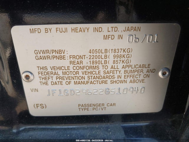 44901136 :رقم المزاد ، JF1GD29622G510940 vin ، 2002 Subaru Impreza Wrx مزاد بيع