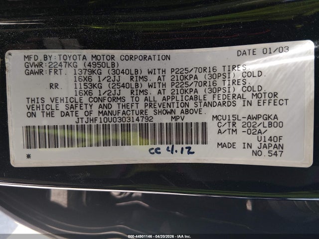 44901146 :رقم المزاد ، JTJHF10U030314792 vin ، 2003 Lexus Rx 300 مزاد بيع