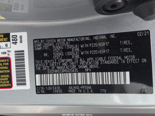 Aukcja sprzedaży 2021 Toyota Sienna Xle, vin: 5TDYRKEC6MS025835, numer aukcji: 44901148