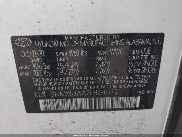 Продаж на аукціоні авто 2020 Hyundai Santa Fe Limited 2.0t, vin: 5NMS53AA2LH290975, номер лоту: 44901161