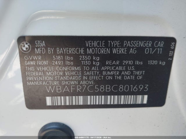 Продажа на аукционе авто 2011 Bmw 535i, vin: WBAFR7C58BC801693, номер лота: 44901170