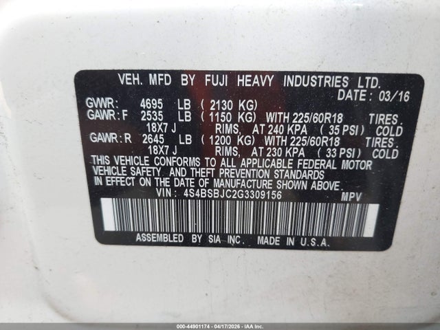 Продажа на аукционе авто 2016 Subaru Outback 2.5i Limited, vin: 4S4BSBJC2G3309156, номер лота: 44901174
