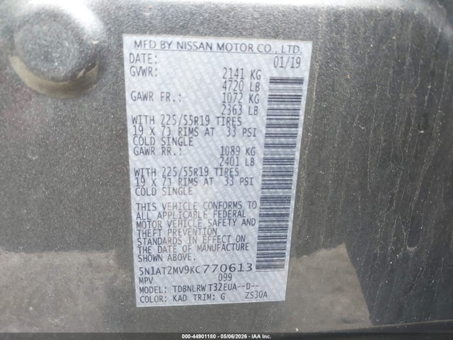 2019 Nissan Rogue Sl მანქანა იყიდება აუქციონზე, vin: 5N1AT2MV9KC770613, აუქციონის ნომერი: 44901180