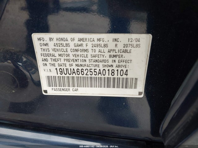 44901182 :رقم المزاد ، 19UUA66255A018104 vin ، 2005 Acura Tl مزاد بيع