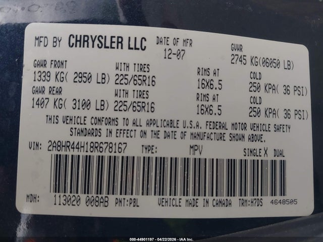 Aukcja sprzedaży 2008 Chrysler Town & Country Lx, vin: 2A8HR44H18R678167, numer aukcji: 44901197