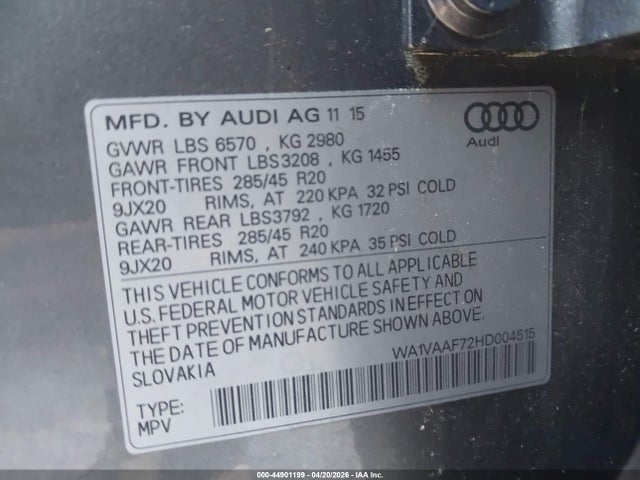 Продаж на аукціоні авто 2017 Audi Q7 3.0t Premium, vin: WA1VAAF72HD004515, номер лоту: 44901199