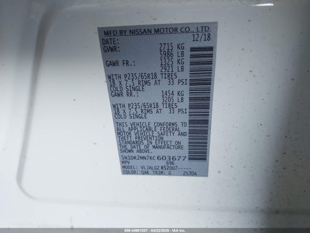 Продажа на аукционе авто 2019 Nissan Pathfinder Sl, vin: 5N1DR2MN7KC603677, номер лота: 44901207