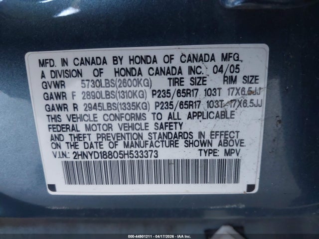 2005 Acura Mdx მანქანა იყიდება აუქციონზე, vin: 2HNYD18805H533373, აუქციონის ნომერი: 44901211