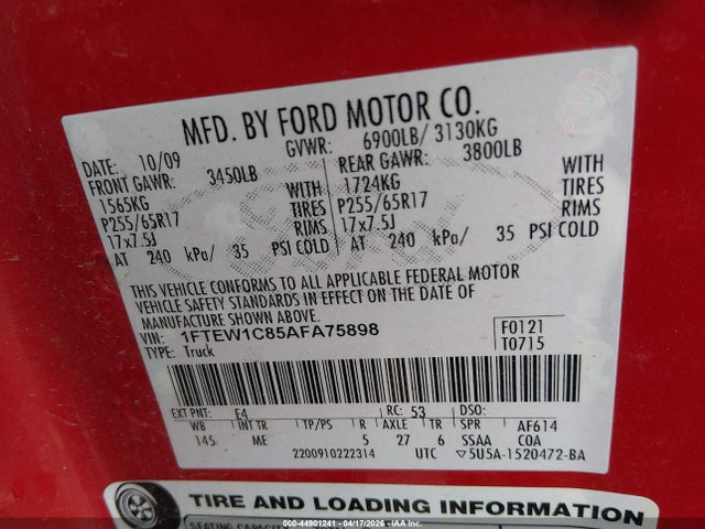 44901241 :رقم المزاد ، 1FTEW1C85AFA75898 vin ، 2010 Ford F-150 Xlt مزاد بيع