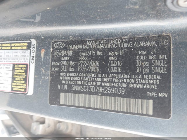 2009 Hyundai Santa Fe Gls მანქანა იყიდება აუქციონზე, vin: 5NMSG13D79H259039, აუქციონის ნომერი: 44901243