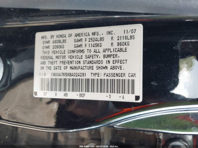 44901245 :رقم المزاد ، 19UUA765X8A024291 vin ، 2008 Acura Tl Type S مزاد بيع