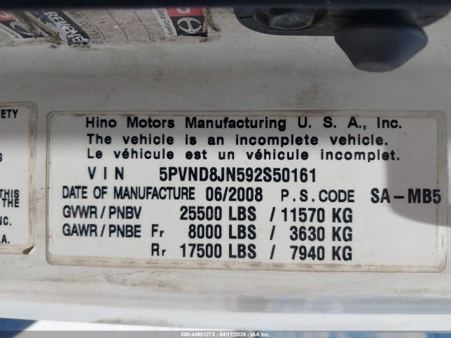 44901273 :رقم المزاد ، 5PVND8JN592S50161 vin ، 2009 Hino 258 مزاد بيع
