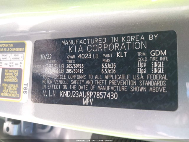 Продажа на аукционе авто 2023 Kia Soul Lx, vin: KNDJ23AU8P7857430, номер лота: 44901274
