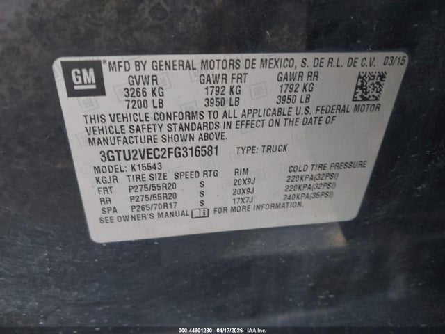 Aukcja sprzedaży 2015 Gmc Sierra 1500 Slt, vin: 3GTU2VEC2FG316581, numer aukcji: 44901280