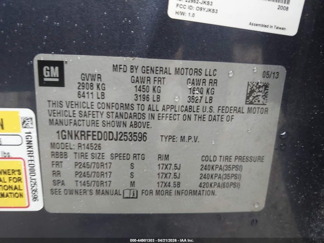 44901303 :رقم المزاد ، 1GNKRFED0DJ253596 vin ، 2013 Chevrolet Traverse Ls مزاد بيع