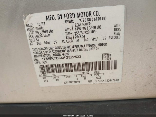 Aukcja sprzedaży 2017 Ford Explorer Xlt, vin: 1FM5K7D84HGE22523, numer aukcji: 44901305