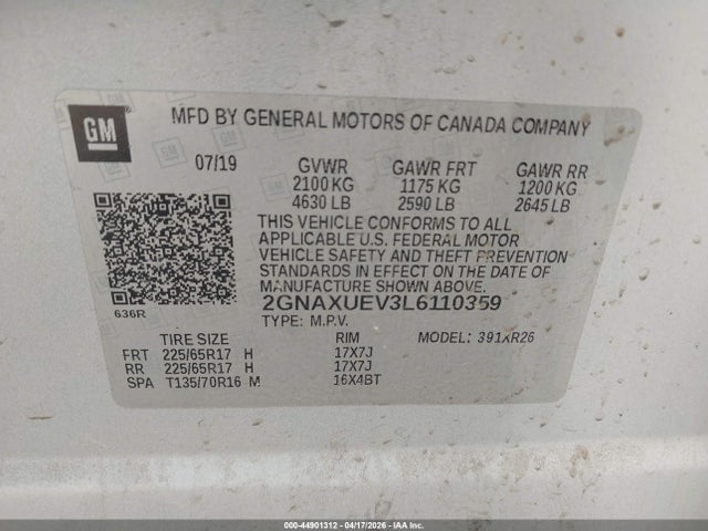 Aukcja sprzedaży 2020 Chevrolet Equinox Awd Lt 1.5l Turbo, vin: 2GNAXUEV3L6110359, numer aukcji: 44901312