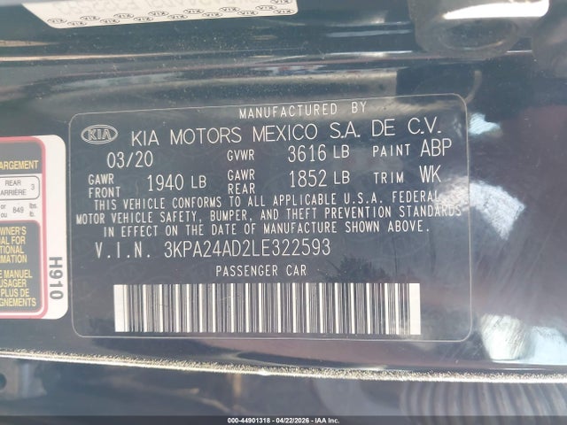 Продажа на аукционе авто 2020 Kia Rio Lx, vin: 3KPA24AD2LE322593, номер лота: 44901318