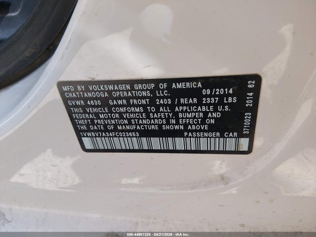 44901325 :رقم المزاد ، 1VWBV7A34FC023653 vin ، 2015 Volkswagen Passat 2.0l Tdi Se مزاد بيع
