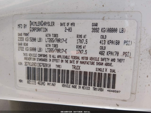 Aukcja sprzedaży 2003 Dodge Ram 2500 Slt/laramie/st, vin: 3D7KU28D13G782010, numer aukcji: 44901329