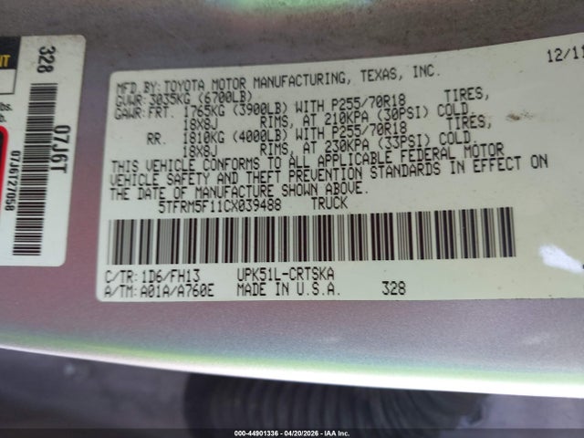 Продаж на аукціоні авто 2012 Toyota Tundra Grade 4.6l V8, vin: 5TFRM5F11CX039488, номер лоту: 44901336
